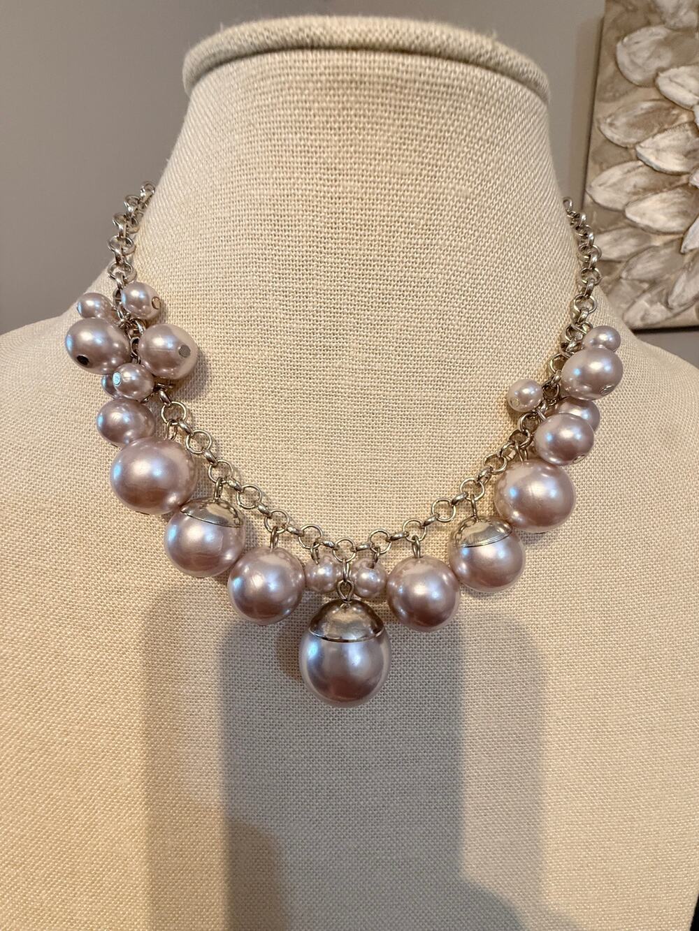 Vintage Silver Tone Faux Pearl Charm Statement Necklace